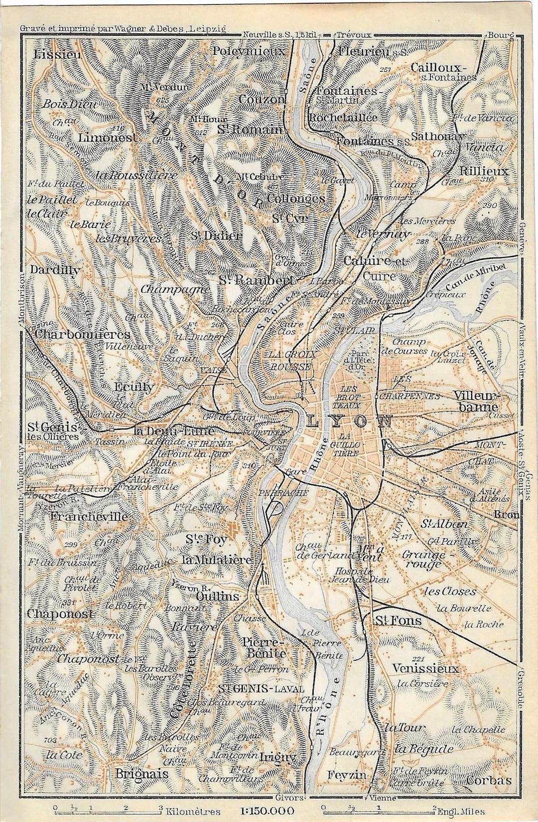 Vintage Travel Guide Print Lyon France Area Map From 1906 - Etsy