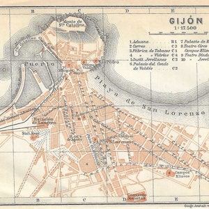 Vintage reisgids print GIJON SPANJE stadsplattegrond uit 1908