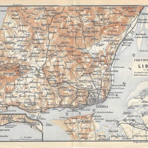 Stampa della guida turistica d'epoca LISBONA PORTOGALLO area mappa del 1908
