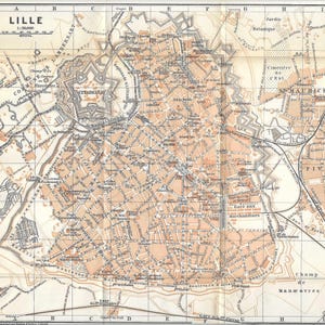 Stampa della guida turistica d'epoca Lille Francia Rijsel mappa della città del 1907