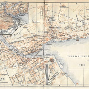 Stampa della guida turistica d'epoca della città di Lucerna, Svizzera, mappa del 1907