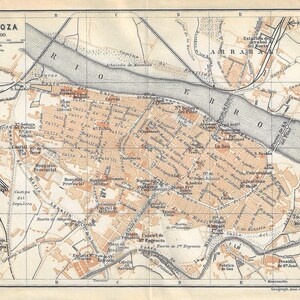 Guia de viagem vintage, impressão, mapa da cidade de Zaragoza, Espanha, de 1907
