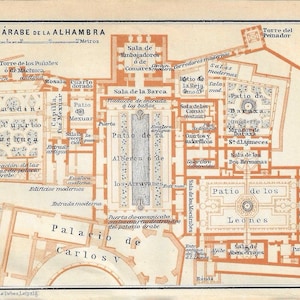 Guia de viagem vintage, impressão do mapa do palácio ALHAMBRA GRANADA ESPANHA de 1908