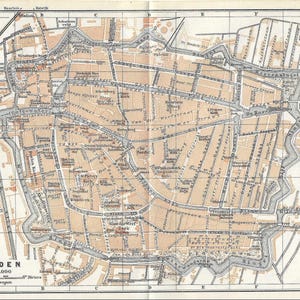 Guia de viagem vintage, impressão, mapa da cidade de Leiden, Holanda, de 1910