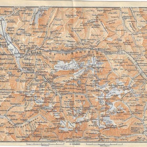 Guia de viagem vintage, impressão de mapa da área de montanhas dos Alpes franceses de 1906