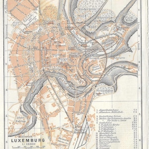 Vintage reisgids print luxemburg stadsplattegrond uit 1907