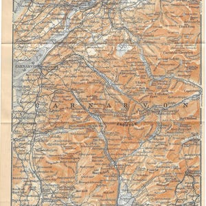Guia de viagem vintage, impressão, mapa da região de Snowdonia, País de Gales, de 1906
