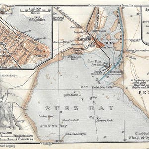 Vintage reisgids print Suez Bay Egypt uit 1928