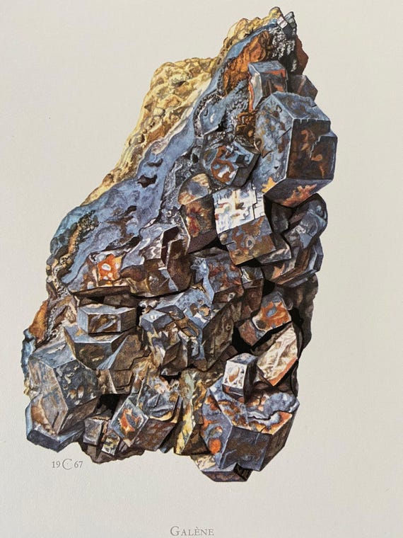 Vintage Galena Mineral Print, Claus Caspari Geology Art