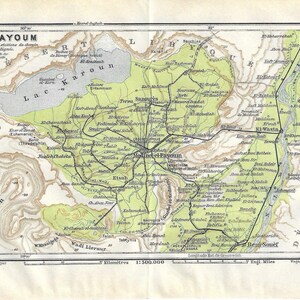 Guia de viagem vintage, impressão do mapa FAIYUM OASIS EGYPT de 1928