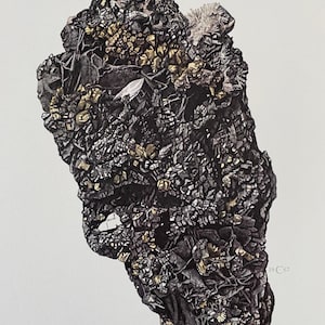 Könnte beinhalten: Eine Nahaufnahme eines dunkelgrauen und schwarzen Enargit-Mineralien-Exemplars mit einer rauen, strukturierten Oberfläche. Das Mineral hat eine kristalline Struktur mit kleinen, glänzenden, goldfarbenen Einschlüssen. Der Text "Enargite" ist unter dem Exemplar gedruckt.