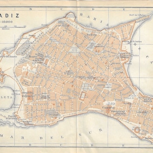 Guide de voyage vintage imprimé CADIZ ESPAGNE plan de la ville de 1908