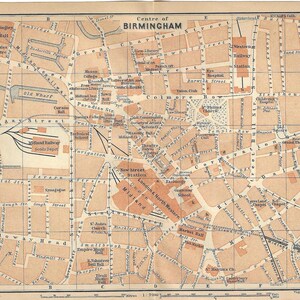 Vintage reisgids print Birmingham Verenigd Koninkrijk stadscentrum kaart uit 1906