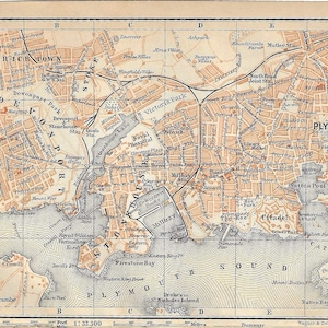 Vintage reisgidsafdruk PLYMOUTH VERENIGD KONINKRIJK stadsplattegrond uit 1906