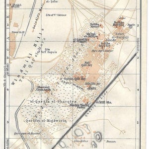 Guia de viagem vintage, impressão, túmulo da cidade dos mortos, mapa da área do Cairo, Egito, de 1928