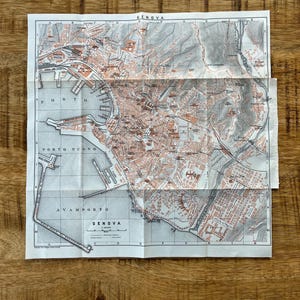 Guia de viagem vintage, impressão de mapa da cidade de Gênova, Itália, de 1913