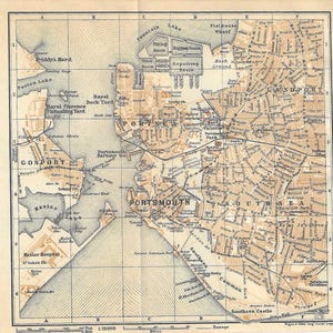 Impresión de guía de viaje antigua: mapa de la ciudad de Portsmouth, Reino Unido, de 1906