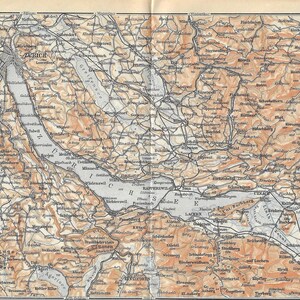 Guia de viagem vintage, impressão, lago Zurique, Suíça, mapa da área de 1907