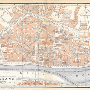 Guia de viagem vintage, impressão, mapa da cidade de Orleans, França, de 1902