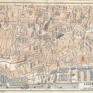 Guia de viagem vintage, impressão, mapa da cidade de Liverpool, Reino Unido, de 1906