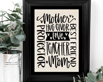 Mom word art print, mother's day gift, first mothers day gift, personalized gift for mom, mom gift from children, bonus mom gift, burlap