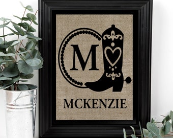 Cowboy boot sign, cowboy boot monogram, family name sign, cowgirl wedding boots, cowgirl wedding gift, last name wedding sign, burlap print