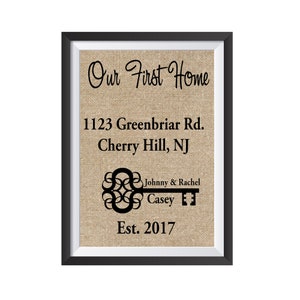 Personalized New Home Gift, Realtor Thank you gift, closing gift, housewarming gift for couples, first time home buyers, custom address sign Burlap