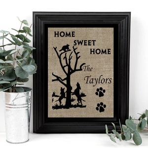 Wedding Gift For Hunters, Coonhunting Decor, Personalized Home Sweet Home sign, custom bridal shower gift, black and tan coonhound image 1