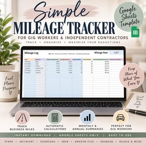 May include: A digital mileage tracker template for Google Sheets displayed on a laptop screen. The interface includes columns for date, platform, odometer readings, business and personal miles, and deductions. Text includes Simple Mileage Tracker.