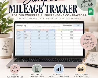 Gig Worker Mileage Tracker Google Sheets | Business Mileage Log | Mileage Deduction Tracker for DoorDash, Uber, Spark & Instacart