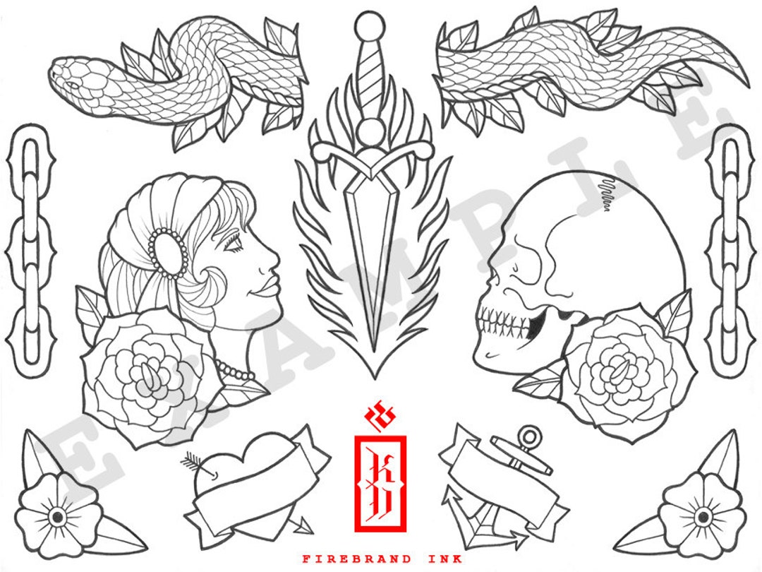 Traditional Tattoo Flash Design Coloring Sheet #1 - Etsy Norway