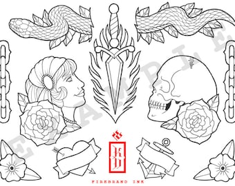 Traditional Tattoo Flash Design Coloring Sheet #1 - Etsy