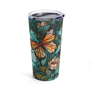 Teal Stained Glass Butterfly Tumbler 20oz