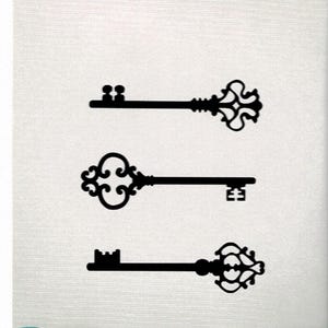 May include: Black key wall art kit featuring three decorative keys with ornate designs against a white backdrop. The kit includes a 44.45 x 60.96 cm sheet. The product is from Wall Pops.
