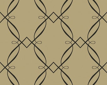 May include: A repeating pattern of black, stylized, curved lines and diamond shapes on a tan background. The design creates a lattice effect, suitable for wallpaper or fabric.