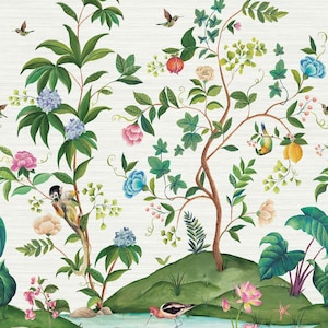 May include: A decorative wallpaper mural featuring a lush tropical landscape with green hills, a light blue stream, and various flora. The scene includes a small monkey, a wading bird, a crab, and a seashell, surrounded by colorful flowers and trees.