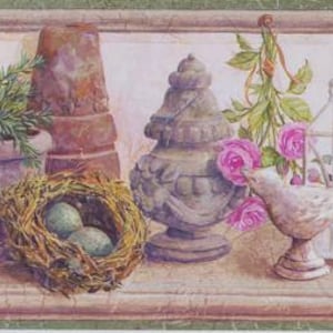 Könnte beinhalten: Eine Vintage-Bordüre mit einer Sammlung dekorativer Gegenstände, darunter ein Vogelkäfig, eine Vogelskulptur, eine Vase, eine Topfpflanze mit Lavendel und ein Nest mit Eiern. Die Gegenstände sind auf einem Regal mit einer abgenutzten Holzoptik angeordnet.