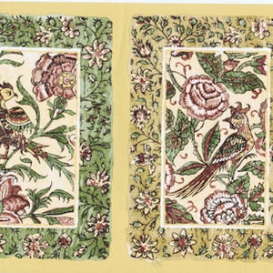 May include: A yellow background with a repeating pattern of green and red floral designs. Each design features a stylized bird with a long tail and a floral motif.