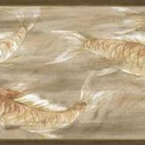 May include: A brown and white wallpaper border featuring a repeating pattern of stylised koi fish swimming in a stream. The fish are painted in shades of brown and white with a subtle watercolour effect.