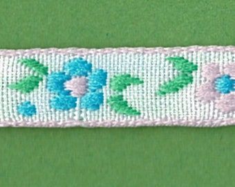 5 Yards 3/8" Blue, Apple Green, Pinks on White Floral Jacquard Trim 83507-2