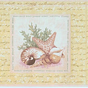 May include: A vintage-style wallpaper border with a seashell and seaweed design. The border features three panels with different seashell arrangements. The background is a light yellow with handwritten text.