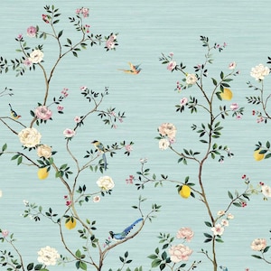 May include: A light blue wallpaper featuring a repeating pattern of thin brown tree branches, blooming pink and white flowers, yellow lemons, and small colorful birds. The base of the design shows a tan landscape with patches of green grass.