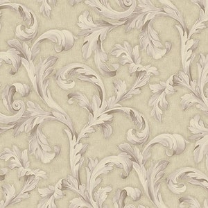 May include: A beige wallpaper with a repeating pattern of white, ornate, swirling leaves.