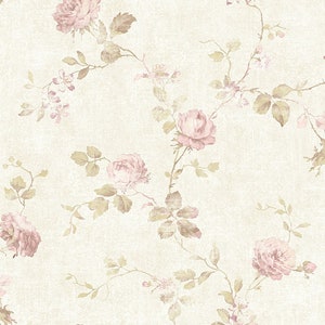 Roses on a Floral Vine Wallpaper in Pink, Green by Wallquest DM21100