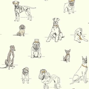 May include: Cream-colored wallpaper featuring a repeating pattern of various dog breeds in black and white line art. Some dogs wear hats, glasses, and bow ties. The dogs are in different poses, creating a playful and stylish design.