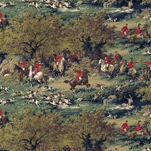 May include: A fabric design with a hunting scene repeat pattern. Horse riders in red coats are shown with hounds pursuing a deer through a forest and across a stream. The color scheme includes green, brown, and cream tones.