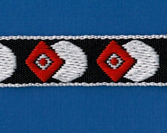 5 Yards 1/2" Red, White on Black Geometric Jacquard Trim 83509-1