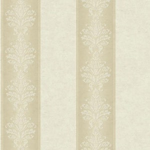 May include: Beige wallpaper with vertical stripes of a white damask pattern.