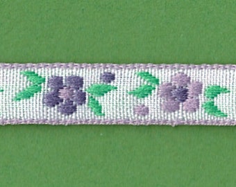 5 Yards 3/8" Purple, Lavender, Apple Green on White Floral Jacquard Trim 83507-3