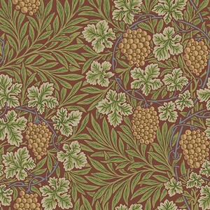 May include: A repeating pattern featuring green leaves, grape clusters, and vines on a reddish-brown background. The design has a vintage, botanical aesthetic, with detailed illustrations of foliage and fruit.